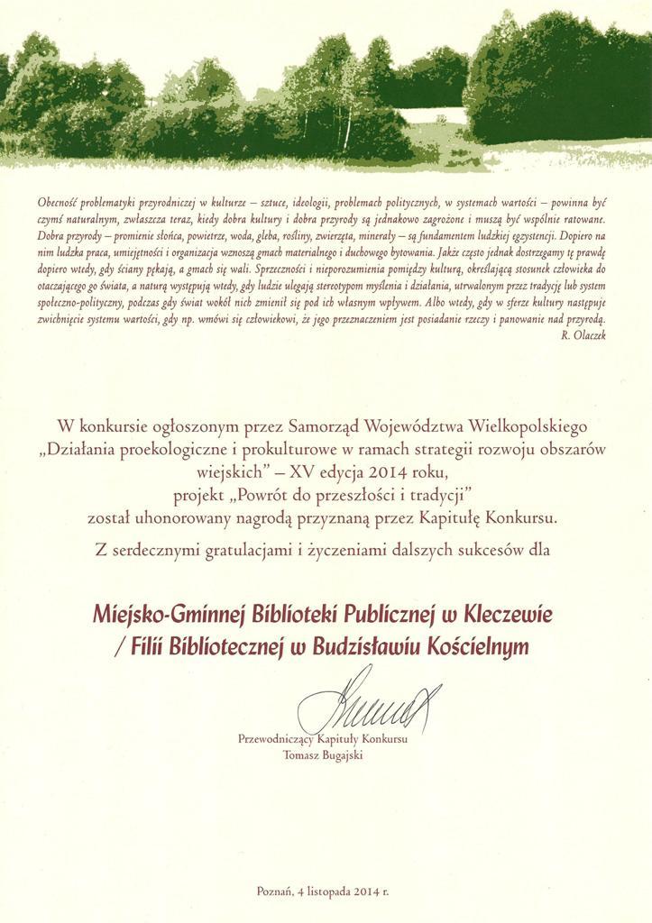 Dyplom uznania dla laureata konkursu