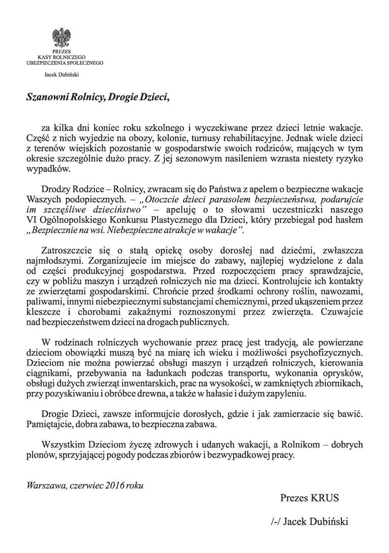 List Prezesa KRUS