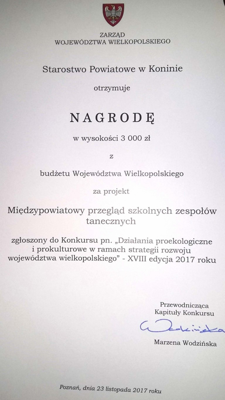 Międzypowiatowy Przegląd Szkolnych Zespołów Tanecznych w Kleczewie nagrodzony