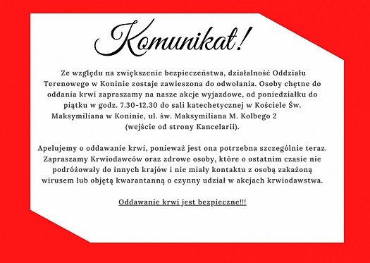 Komunikat Regionalnego Centrum Krwiodawstwa i Krwiolecznictwa w Kaliszu