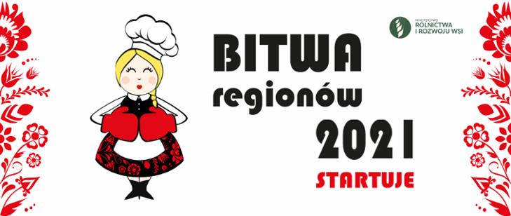 rysunek: uśmiechnięta kobieta w stroju ludowym, obok niej napis: "Bitwa Regionów 2021 Startuje"