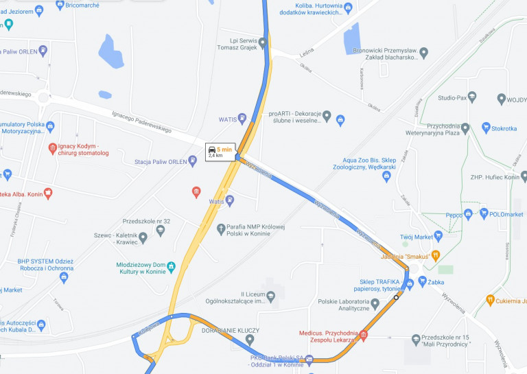 Mapa ukazująca zmiany w kursowaniu autobusów jadących w kierunku Ślesina.
