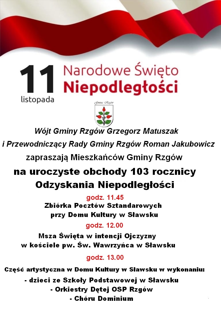 Plakat informujący o obchodach Dnia Niepodległości w Gminie Rzgów