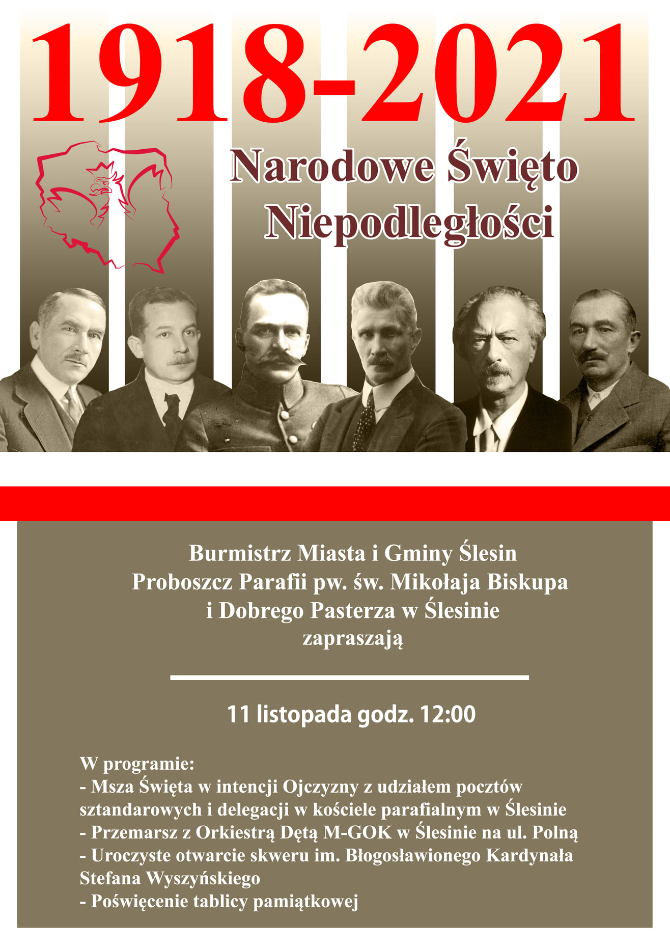 Plakat informujący o obchodach Dnia Niepodległości w Gminie Ślesin