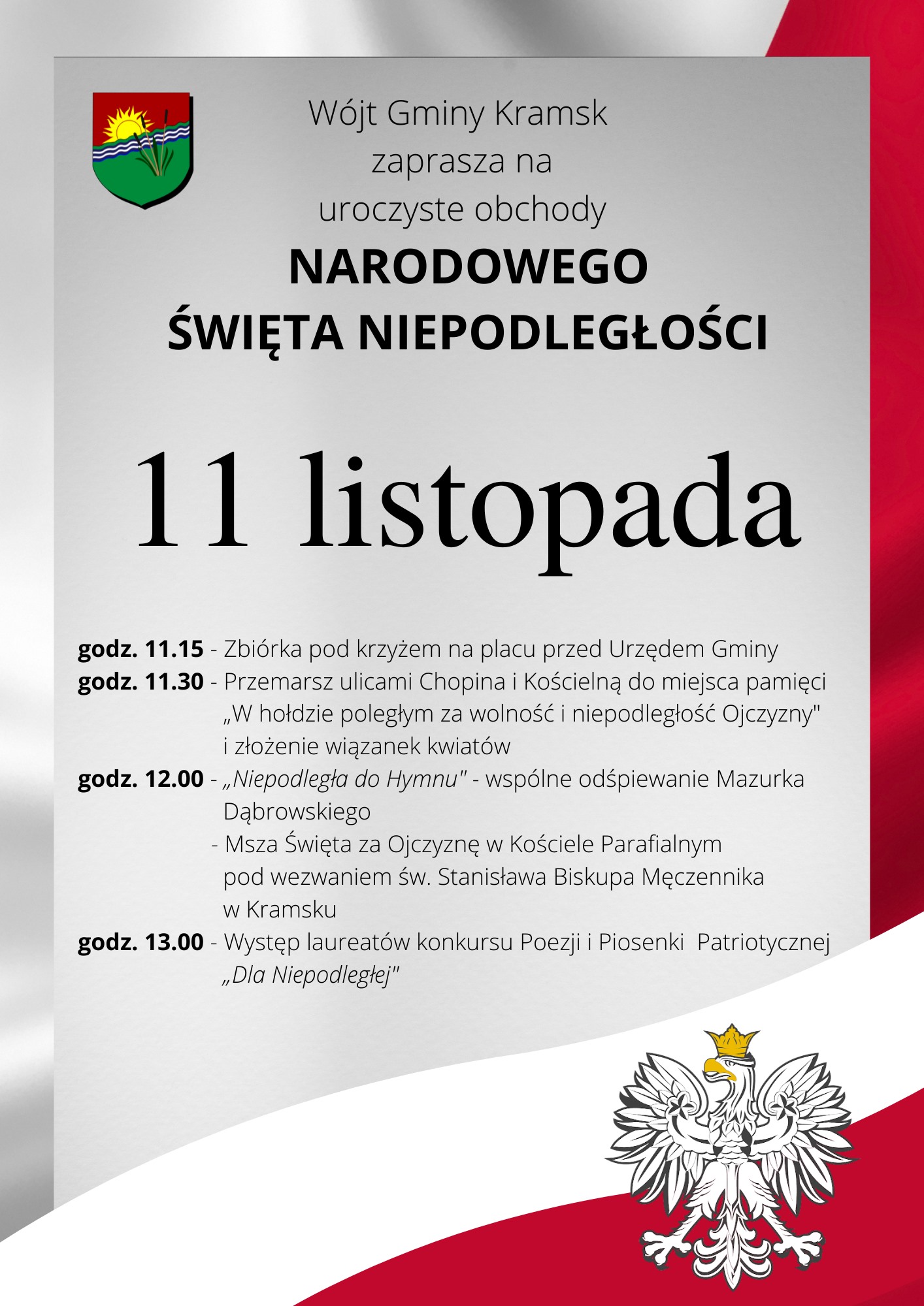Plakat informujący o obchodach Dnia Niepodległości w Gminie Kramsk