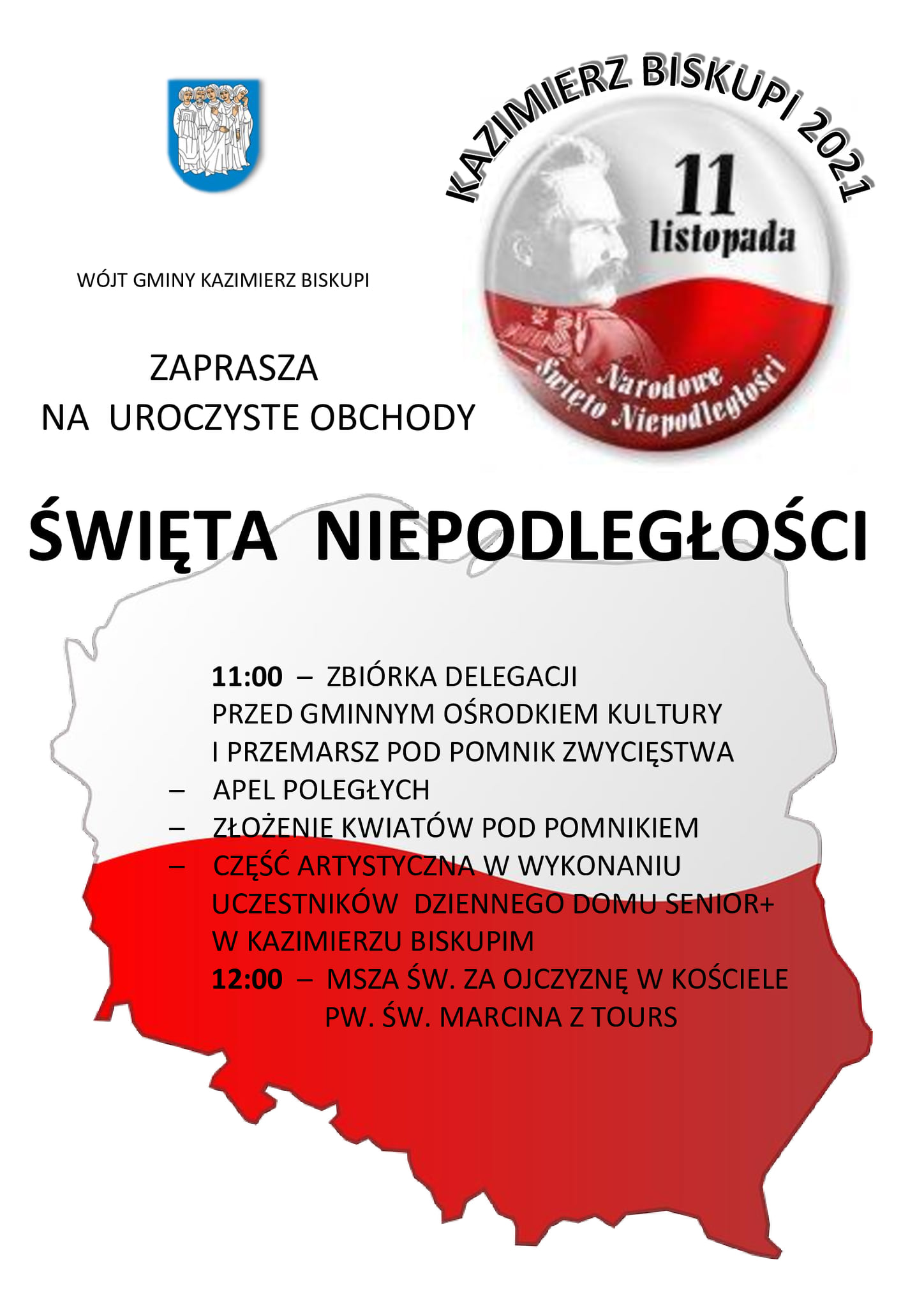 Plakat informujący o obchodach Dnia Niepodległości w Gminie Kazimierz Biskupi
