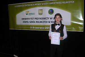 Andżelika Gronostaj laureatką Olimpiady Wiedzy i Umiejętności Rolniczych