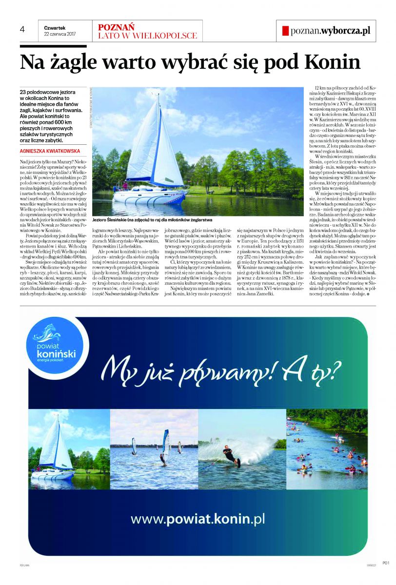 "Na żagle warto wybrać się pod Konin" artykuł z Gazety Wyborczej