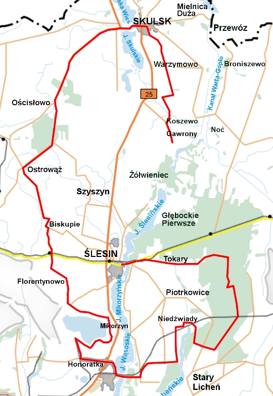 Mapa szlaku rowerowego Gawrony - Ostrowąż - Ślesin Mapa szlaku rowerowego Gawrony - Ostrowąż - Ślesin
