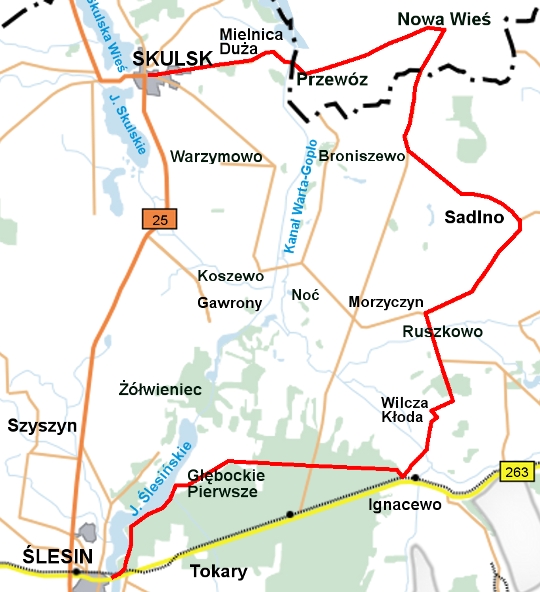 Mapa szlaku rowerowego Ślesin - Sadlno - Skulsk Mapa szlaku rowerowego Ślesin - Sadlno - Skulsk